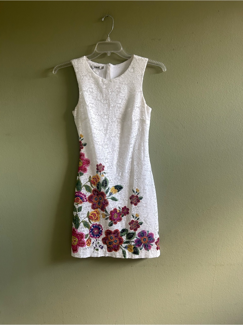 Desigual White Sleeveless Lace  Dress with Multicolor Floral print Sz 36